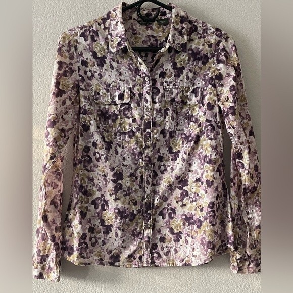 Eddie Bauer XS Purple Floral Light Weight Cotton Button Down Blouse - Picture 1 of 8